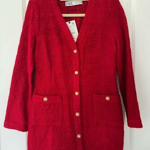 NWT Zara Red Shirtdress with gold buttons, Size M.